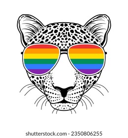 Leopard muzzle with sunglasses  on white background. Idea for t-shirts design.