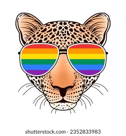 Leopardenmuzzle mit Sonnenbrille auf weißem Hintergrund. Idee für T-Shirts Design.