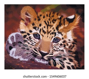 Leopard in nature close up. Leopard cub isolated on dark natural background. Furry spotted baby in the forest. Wild animal.
