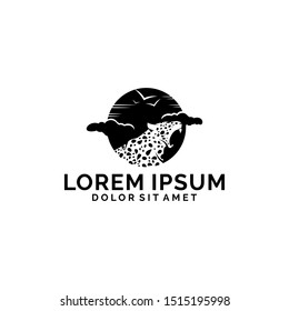 Leopard nature logo template with sky view, bird and cloud in rounded flat design monogram illustration 