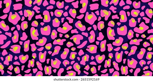 Leopardo Neon Padrão Sem Costura em Rosa e Lima. Impressão de leopardo sem costura em rosa-quente, verde-limão e violeta-escuro. Perfeito para design de moda, têxteis, decoração de festa e fundos estilo Y2K