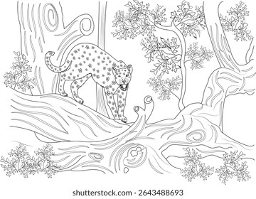 Leopard on Log Line Art for Coloring Book, Detailed black and white line drawing of a spotted leopard or jaguar standing on a fallen tree log in a dense jungle or forest environment, perfect for a