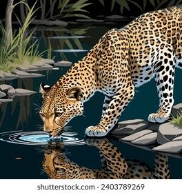 leopard on the rock by the lake in the forest, vector illustration.Wild animal in natural habitat.