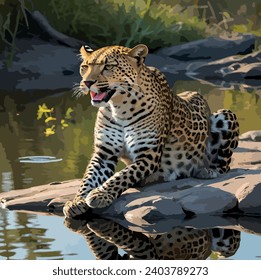 leopard on the rock by the lake in the forest, vector illustration.Wild animal in natural habitat.