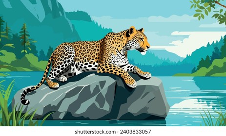 leopardo en la roca junto al lago en el bosque, ilustración vectorial. Animal salvaje en el hábitat natural.