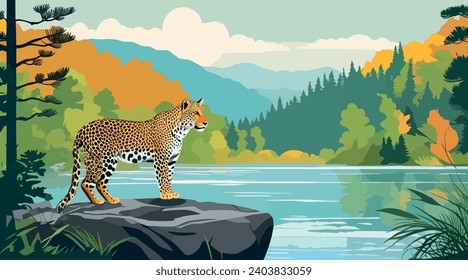 leopard on the rock by the lake in the forest, vector illustration.Wild animal in natural habitat.