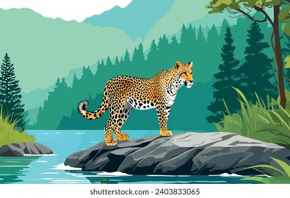leopard on the rock by the lake in the forest, vector illustration.Wild animal in natural habitat.