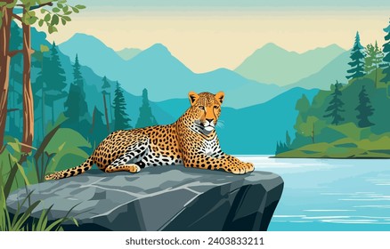 leopardo en la roca junto al lago en el bosque, ilustración vectorial. Animal salvaje en el hábitat natural.