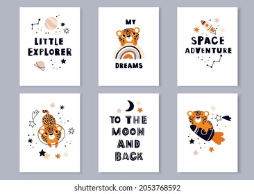 Leopard on a space rocket. Lettering on the theme of cosmos .A set of posters for the children's room.