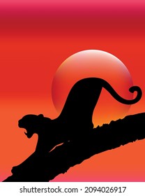 Leopard on a tree branch against the background of a colorful sunset