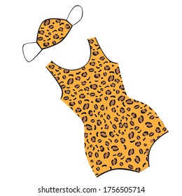 Leopard one piece swimsuit or trikini with face mask icholated on a white background for design. Stock vector flat illustration with a bathing suit during an epidemic or pandemic