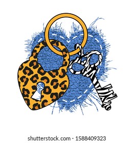 
Leopard padlock and key with a zebra texture on a background of a denim fabric heart .
Vector illustration for wedding or Valentines Day.