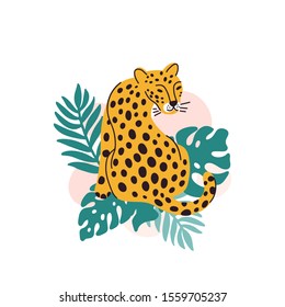 Leopard with palm leaves on a white background. It can be used for sticker, patch, phone case, poster, t-shirt, mug and other design.