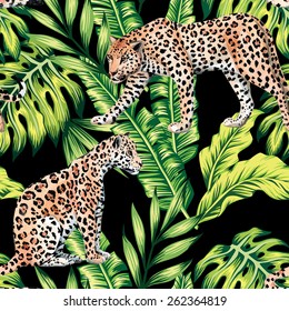 leopard and palm leaves tropical seamless background