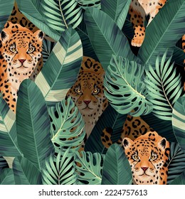 Leopard and palm leaves vector seamless pattern