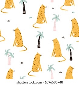 Leopard and palm tree cute seamless pattern. Vector hand drawn illustration.