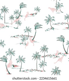 Leopard With Palm Tree Hand draw illustration Vector  Seamless Pattern On White Background Wallpaper , Tropical Paradise