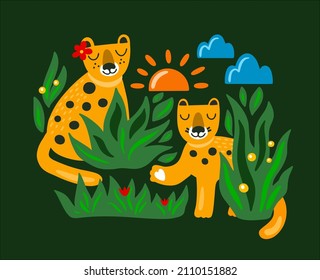 Leopard pare in jungle creative vector illustration. Two cute tropical animals having romantic dating in the morning.