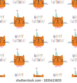 Leopard in party hat and bow tie, "Happy Birthday" typography. Vector seamless pattern. Childish Happy birthday background. Cartoon style for textile, wrapping paper, wallpaper, kid's print.