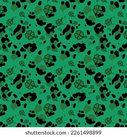 Leopard Patrick's day background St. Patricks Day Leopard or jaguar seamless pattern made of shamrock or clover leaves. Trendy animal print. Spotted cheetah fur. Vector background for fabric, textile