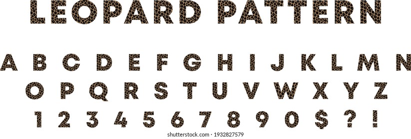 Leopard Pattern Alphabet Letters Vector, Letters numbers and symbols. Vector illustration