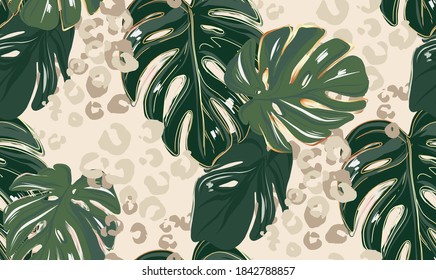 Leopard pattern, animal print seamless design greenery leaves jungle print. Monstera leaf clipart, Leopard natural pattern, cheetah safari decor. Exotica fabric pattern, floral textile decor vector