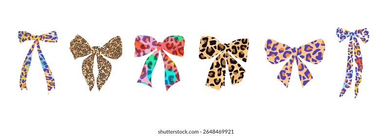 Arcos-padrão-leopardo ajustados. Arcos brilhantes em estilo Y2K e arcos neutros na moda. Adequado para design, embalagem, adesivos e estampas de moda, impressão, têxteis, embalagem, cartões postais ou clip arts.