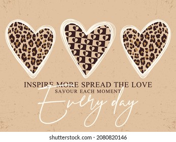 leopard pattern and checkered heart pattern inside the heart shape with slogan graphic for t-shirt.