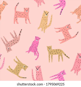 Leopard pattern, cute kids funny seamless vector pattern, pink jungle cats print