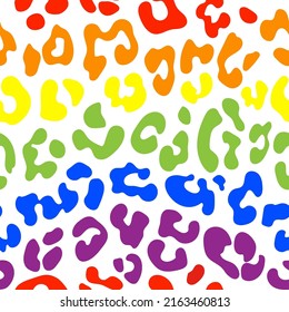 Leopard pattern design in rainbow colors - funny  drawing seamless ocelot pattern. Lettering poster or t-shirt textile graphic design. wallpaper, wrapping paper. Happy pride month!