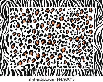 Leopard pattern design, vector illustration background. Animal design. Black white orange leopard patterned zebra striped pattern. Fashion style popular frame