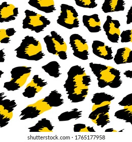 Leopard pattern design in yellow, black, white colors - funny  drawing seamless pattern. Lettering poster or t-shirt textile graphic design. / wallpaper, wrapping paper.