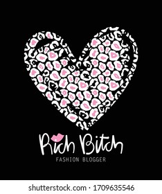 Leopard pattern heart drawing and rich botch slogan text design for fashion graphics and t shirt prints