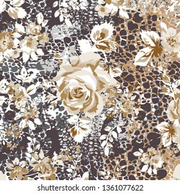 Leopard pattern, jaguar pattern, animal fur over floral pattern, fashionable