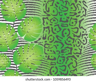 Leopard pattern and jungle leaf, print, vector, illustration, seamless, wallpaper, background, texture