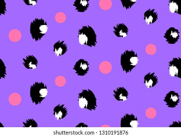 Leopard pattern with pink circles on a purple background. Seamless background.