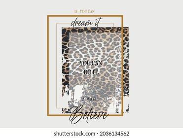 patrón leopardo con vector de diseño de slogan y marco