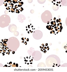 Leopard pattern and tropical leaves. Baby shower, birthday, t-shirt. Fabric design seamless pattern