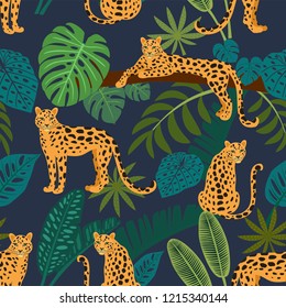 Leopard Pattern Tropical Leaves Vector Seamless Stock Vector (Royalty ...