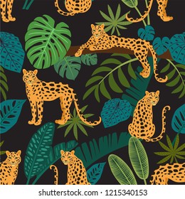 Leopard pattern with tropical leaves. Vector seamless texture.