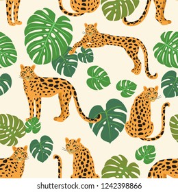 Leopard pattern with tropical leaves. Vector seamless texture.