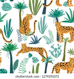 Leopard pattern with tropical leaves. Vector seamless texture.