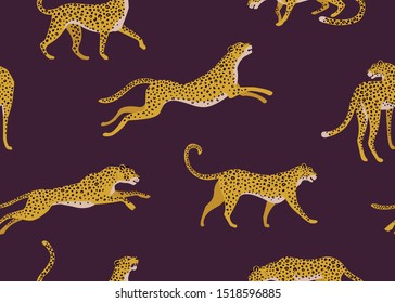 Leopard pattern with tropical leaves. Vector seamless texture.