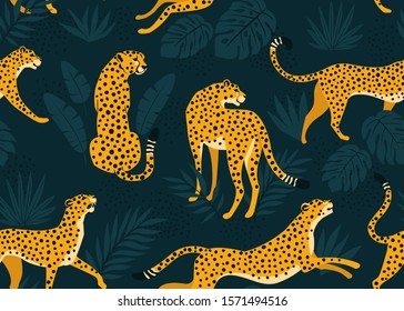 Leopard pattern with tropical leaves. Vector seamless texture.