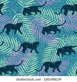 Leopard pattern with tropical leaves. Vector seamless texture.