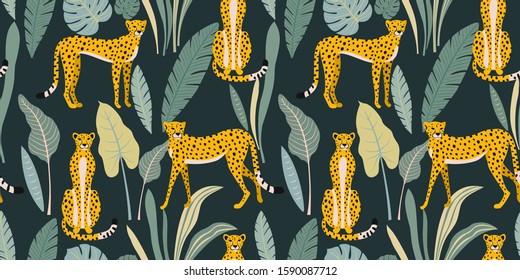 Leopard pattern with tropical leaves. Vector seamless texture.