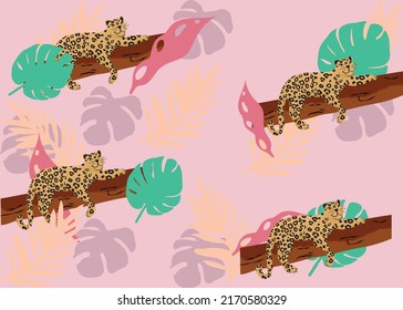 Leopard pattern with tropical leaves. Vector seamless texture.