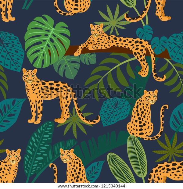 Leopard Pattern Tropical Leaves Vector Seamless Stock Vector (Royalty ...