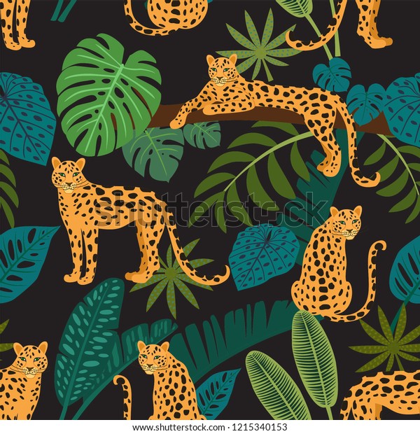 Leopard Pattern Tropical Leaves Vector Seamless Stock Vector (Royalty ...