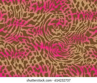 Leopard pattern, vector, illustration, seamless, print, wallpaper, background, texture in pink, beige and brown.